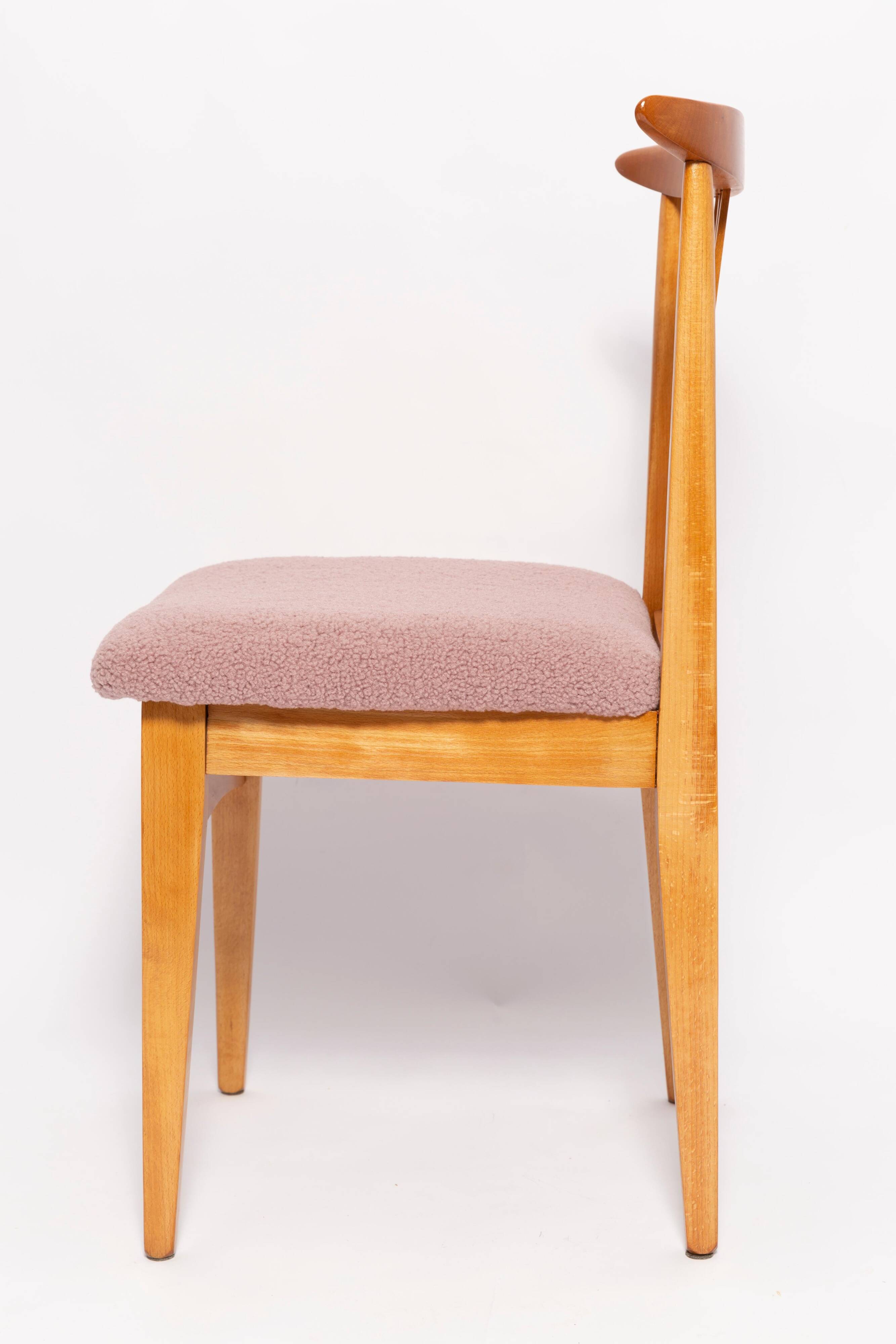 Blush pink bouclé chair mid-century in light wood by M. Zielinski, Europe, 1960s