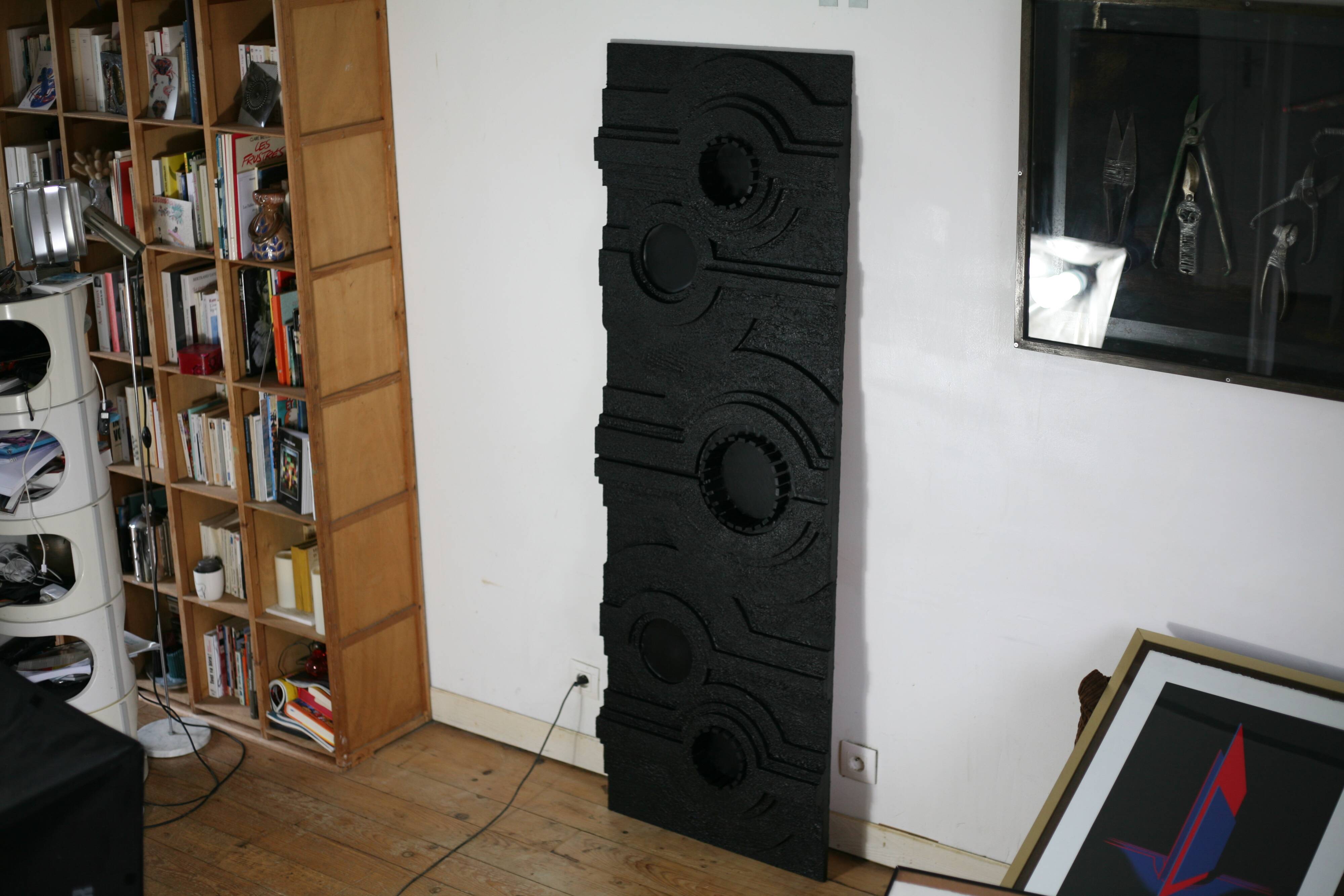 Wall sculpture, wood and black coating, late 1970s
