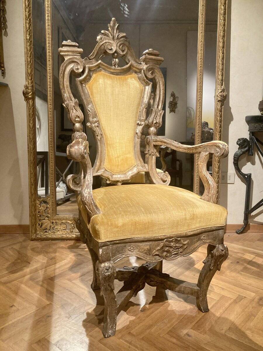 Italian Rococo Silver Mecca Giltwood Throne Armchair, Rome, 18th Century