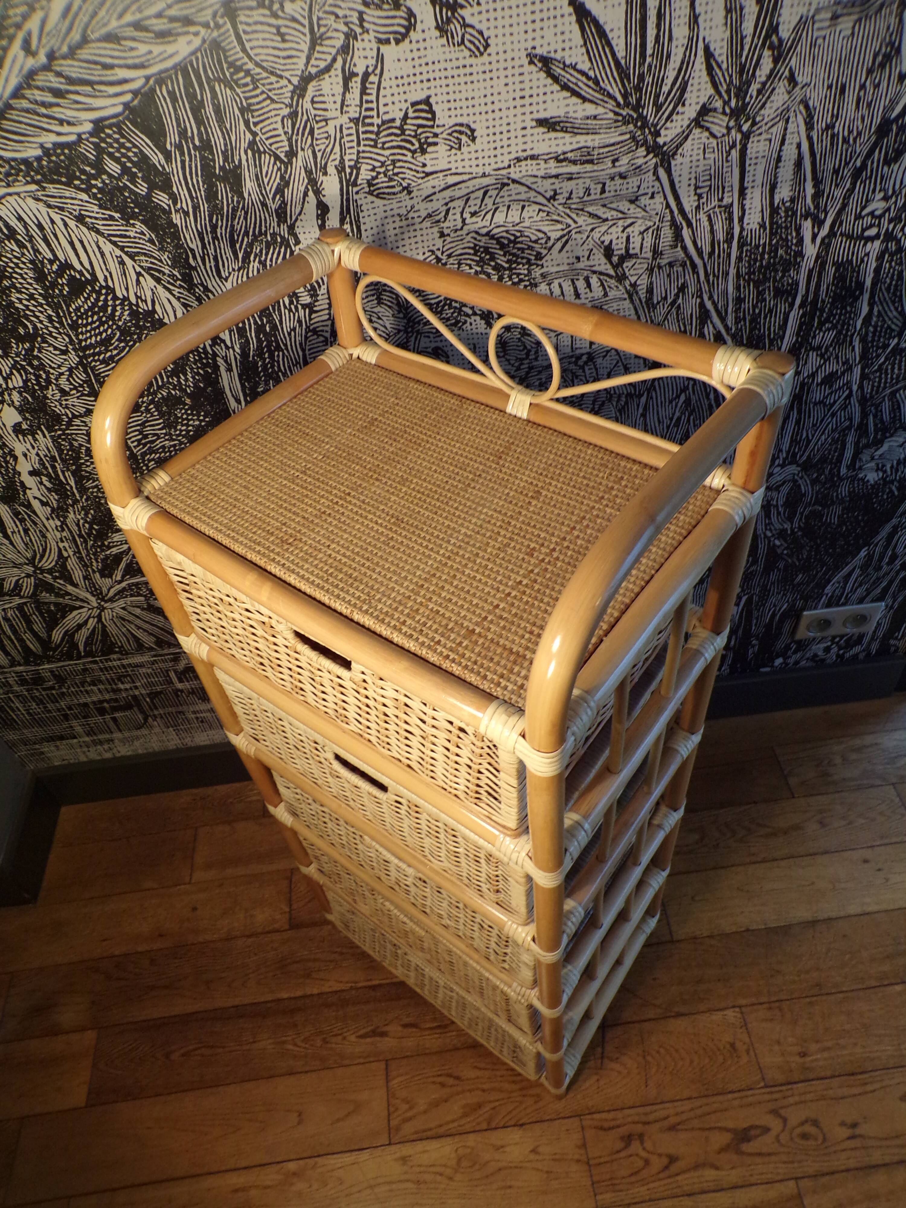 Commode vintage 5 tiroirs en rotin