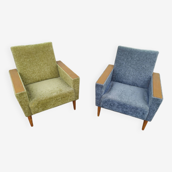 Set of 2 Vintage Blue and Green Armchairs - Wood Fabric - 1970s