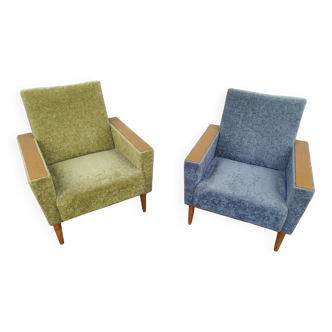 Set of 2 Vintage Blue and Green Armchairs - Wood Fabric - 1970s