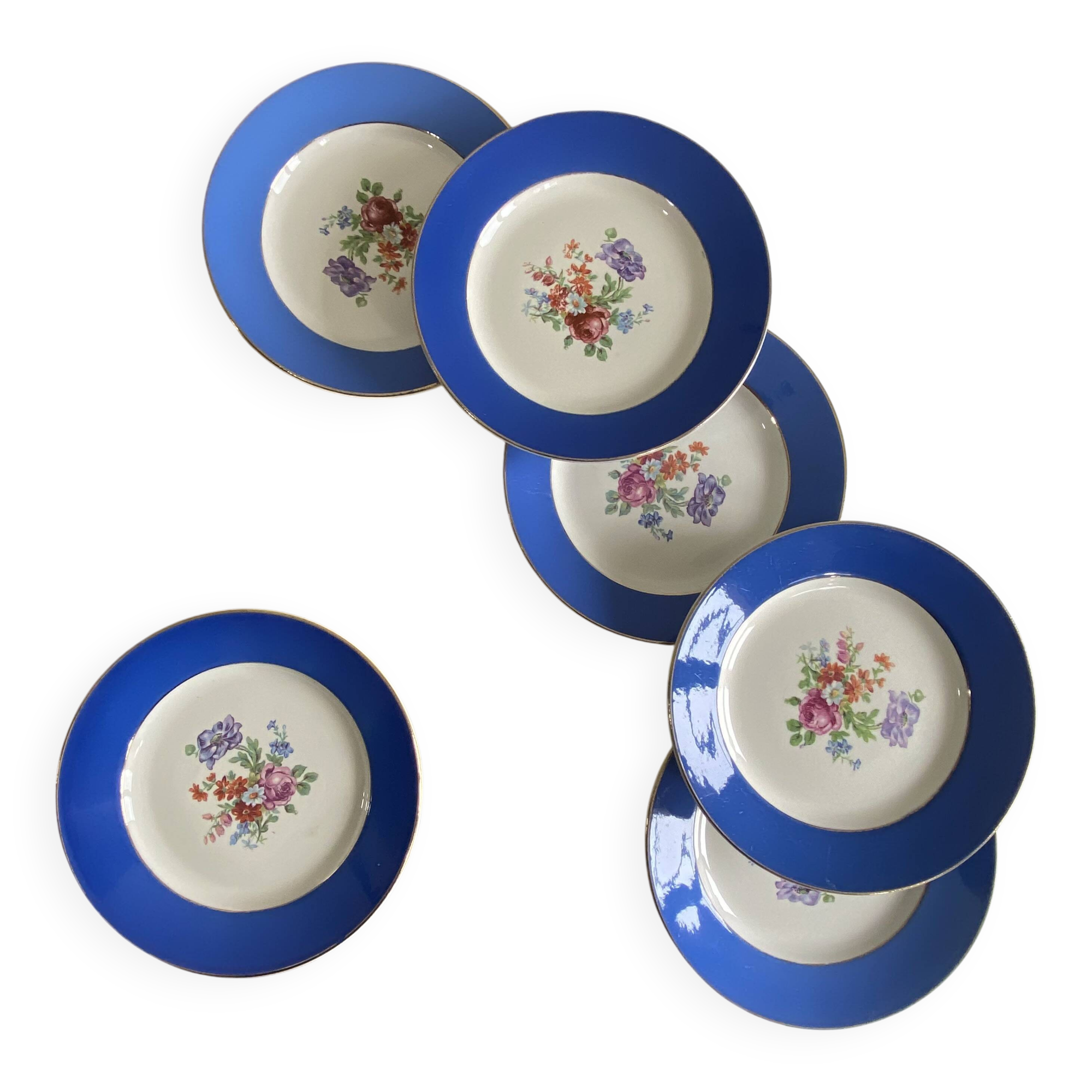 6 antique blue ceramic dessert plates with flowers and gilding from Saint Amand Hamage.