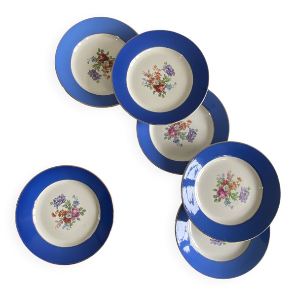 6 assiettes dessert faïence ancienne bleue fleurs dorure Saint Amand Hamage