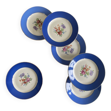 6 assiettes dessert faïence ancienne bleue fleurs dorure Saint Amand Hamage