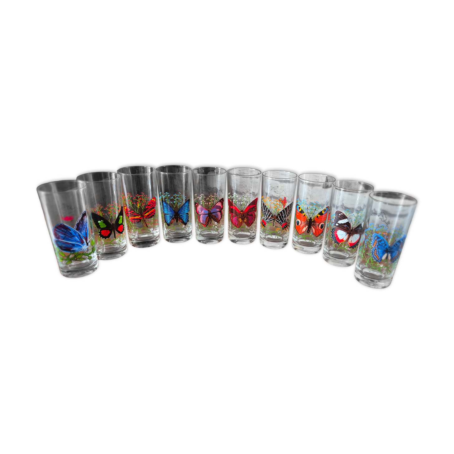 Set of 10 butterfly glasses from the Reims glassworks, vintage.