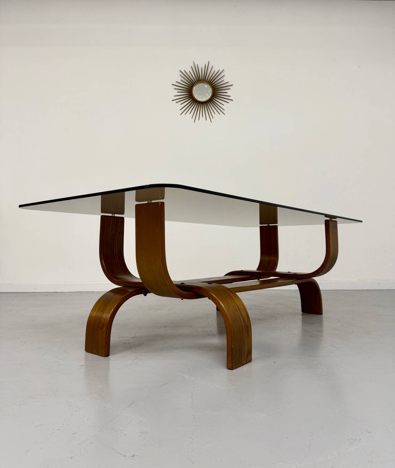 Vintage Fubo coffee table, 1970s design, made of bent wood and smoked glass