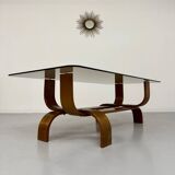 Vintage Fubo coffee table, 1970s design, made of bent wood and smoked glass