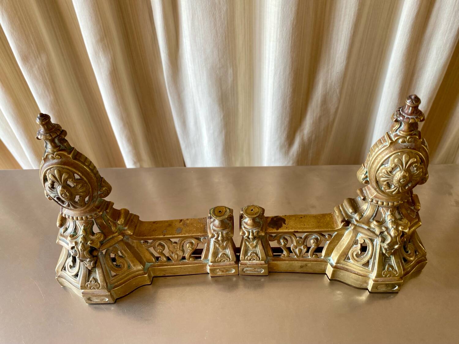 3 gilded bronze fireplace accessories 2 andirons and 1 fire bar