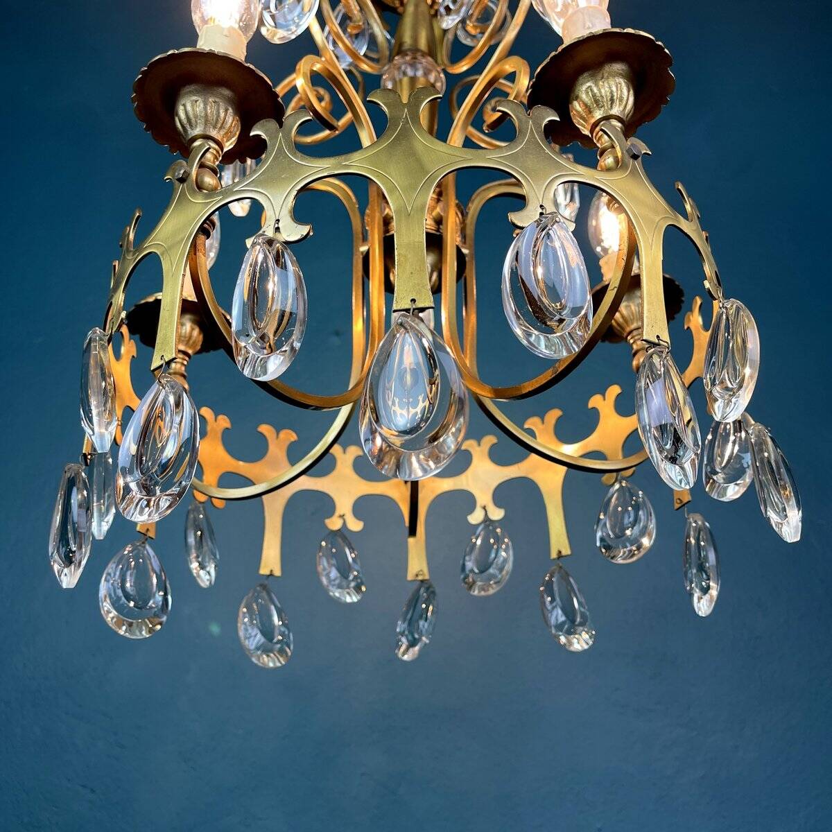 Vintage Chandelier with Crystal Drops, Italy, 1960s