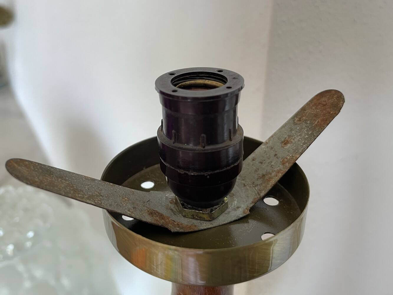 Large wood table lamp with frosted glass