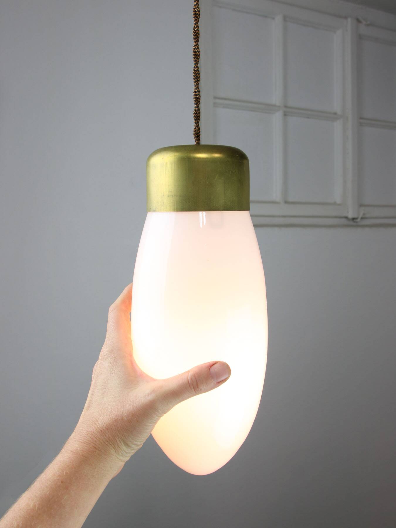Mid-century Italian Brass and Opaline Glass Pendant Lamp