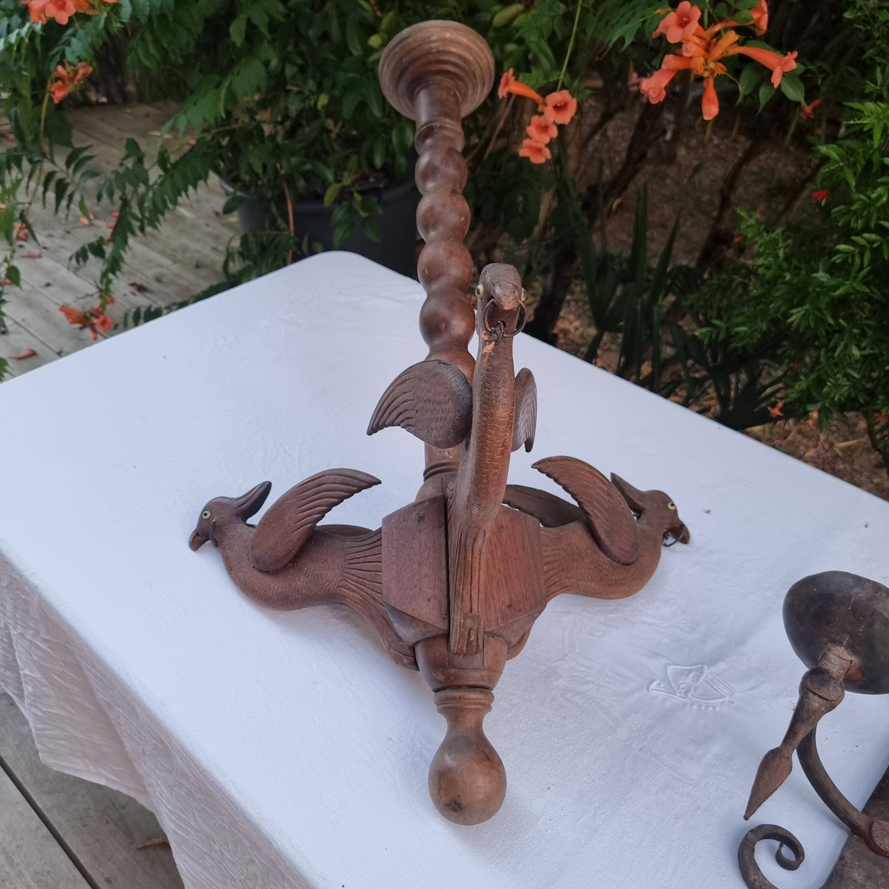 Antique lamp or candlestick, hand-carved, turned wood, Renaissance style