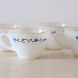 Set of 5 cups and under cups made in Mexico, Termocrisa,, white and blue