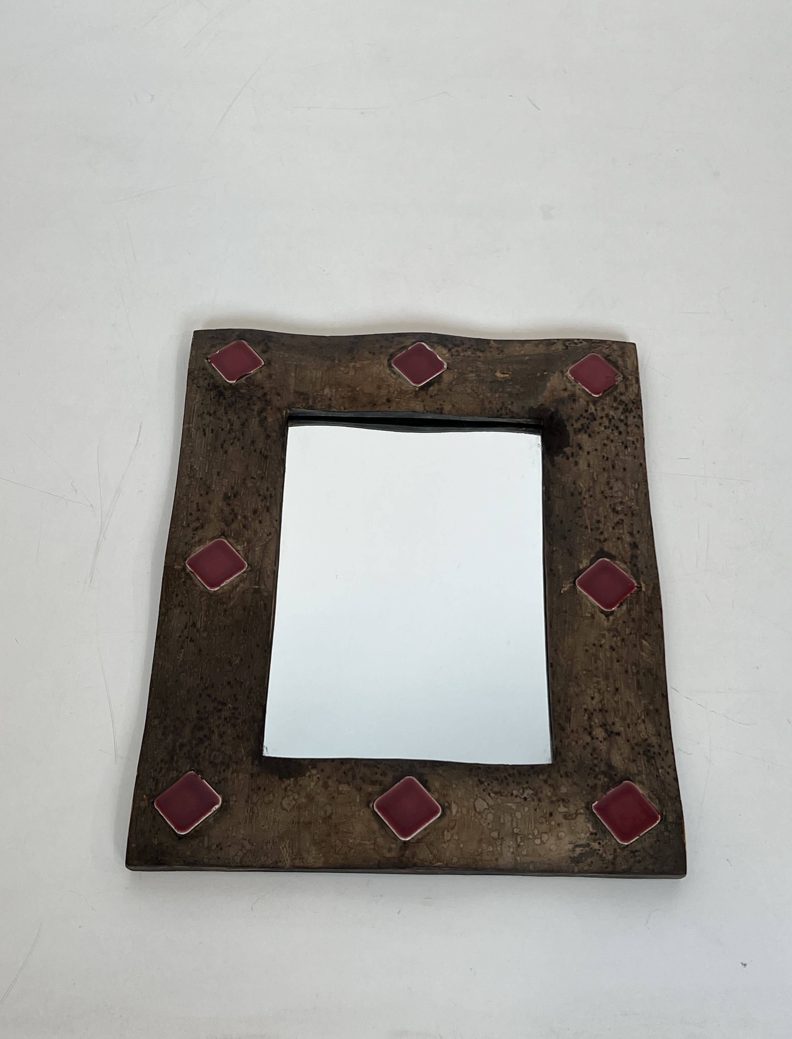 Ceramic Framed Mirror in Bronze with Red Cabochons. French Work.