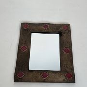 Miroir à Cadre en Céramique Émaillée Bronze à Cabochons Rouges. Travail Fra