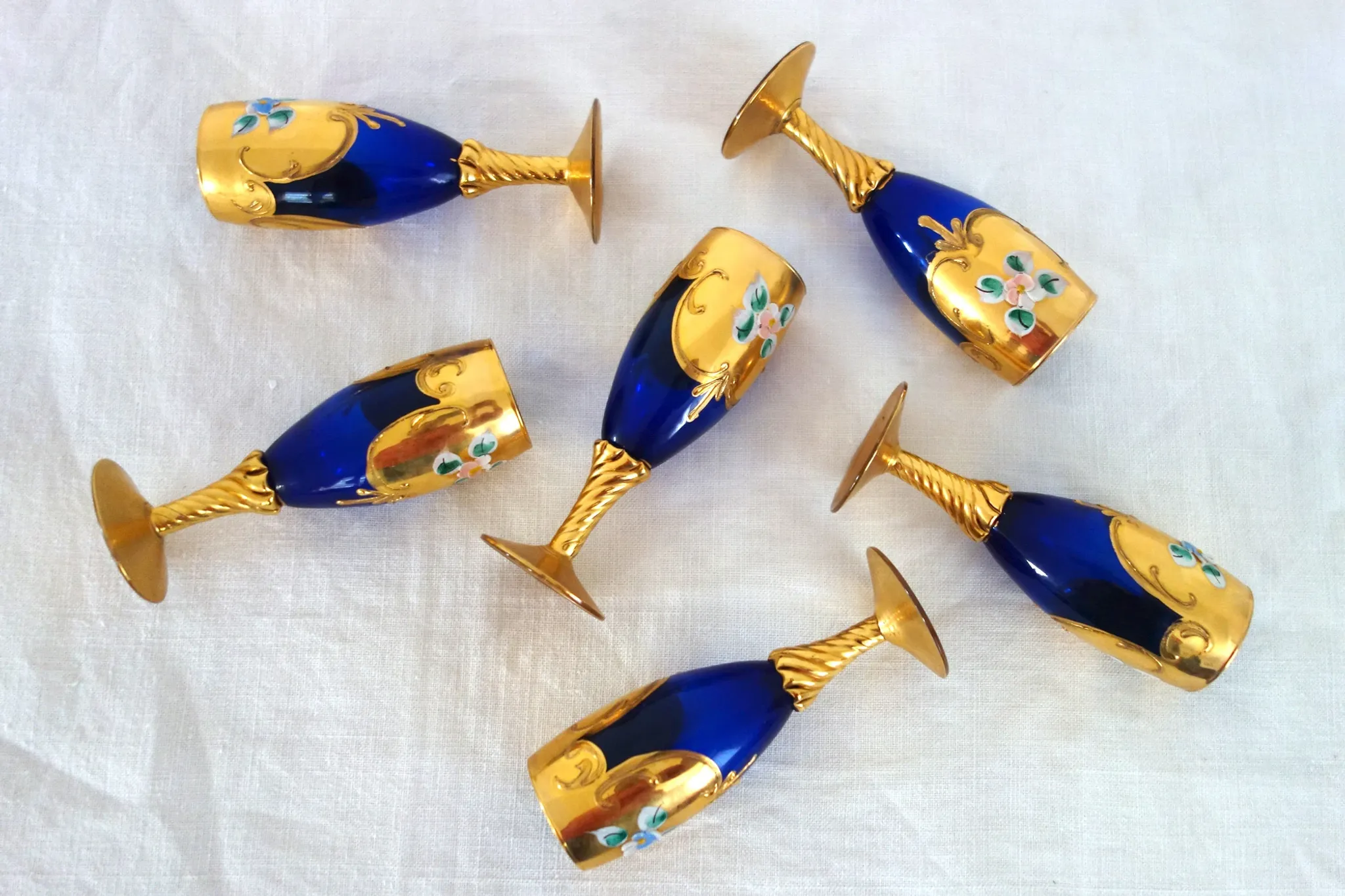 6 vintage cobalt blue and gold Murano aperitif glasses