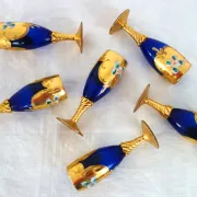 6 vintage cobalt blue and gold Murano aperitif glasses