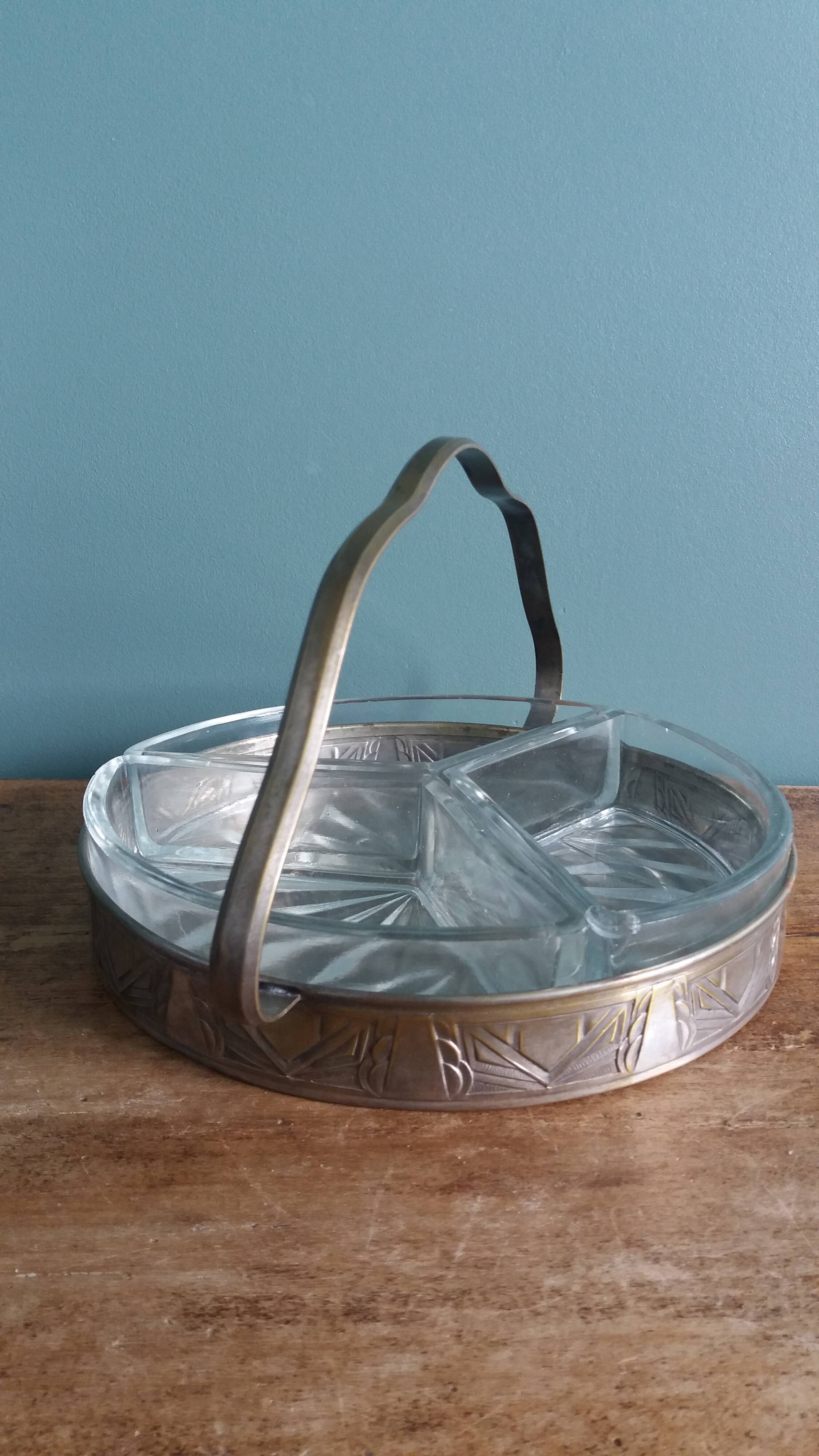 Aperitif platter, metal server and glass ramekins, Art Deco