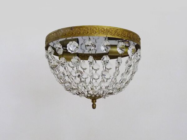 Ancien plafonnier couronne à 2 feux, demi corbeille pampilles en verre.