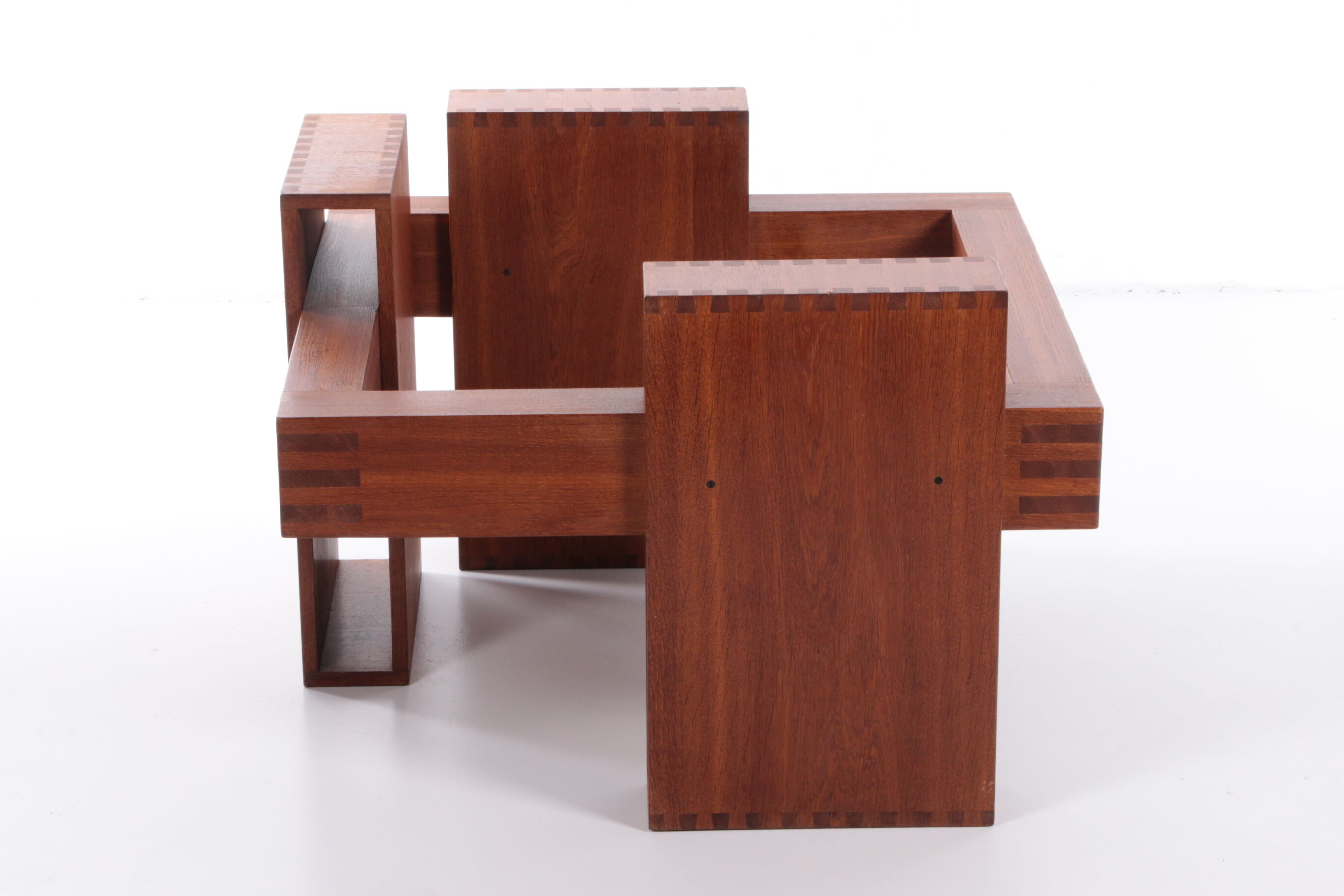 French Brutalist Design coffee table of teak with glass top, 1970