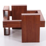 French Brutalist Design coffee table of teak with glass top, 1970