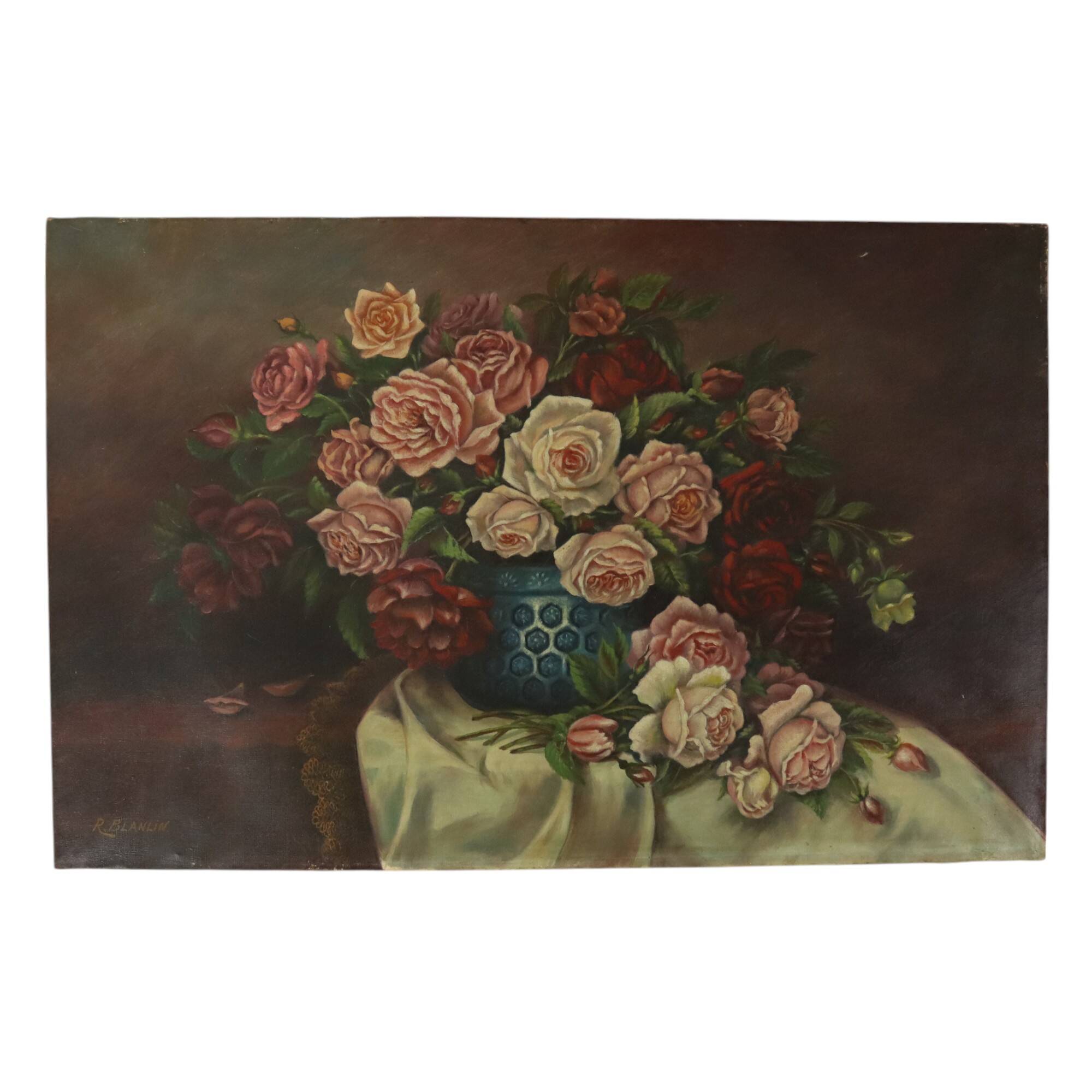 Large Floral Still Life Painting Roses Bouquet Signed R. Blanlin