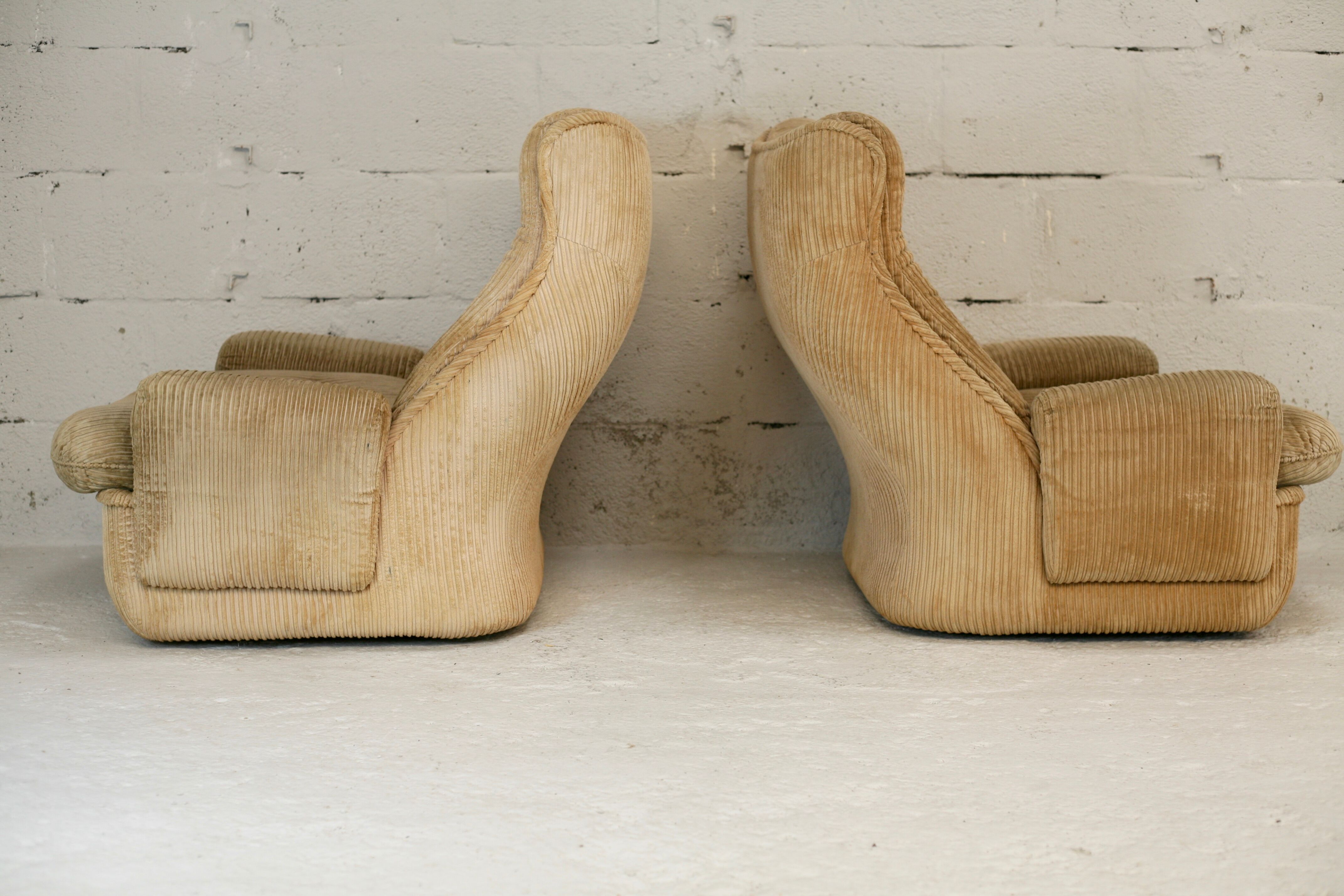 Pair of armchairs by michel cadestin, airborne edition, fiberglass and beige velvet, circa 1970