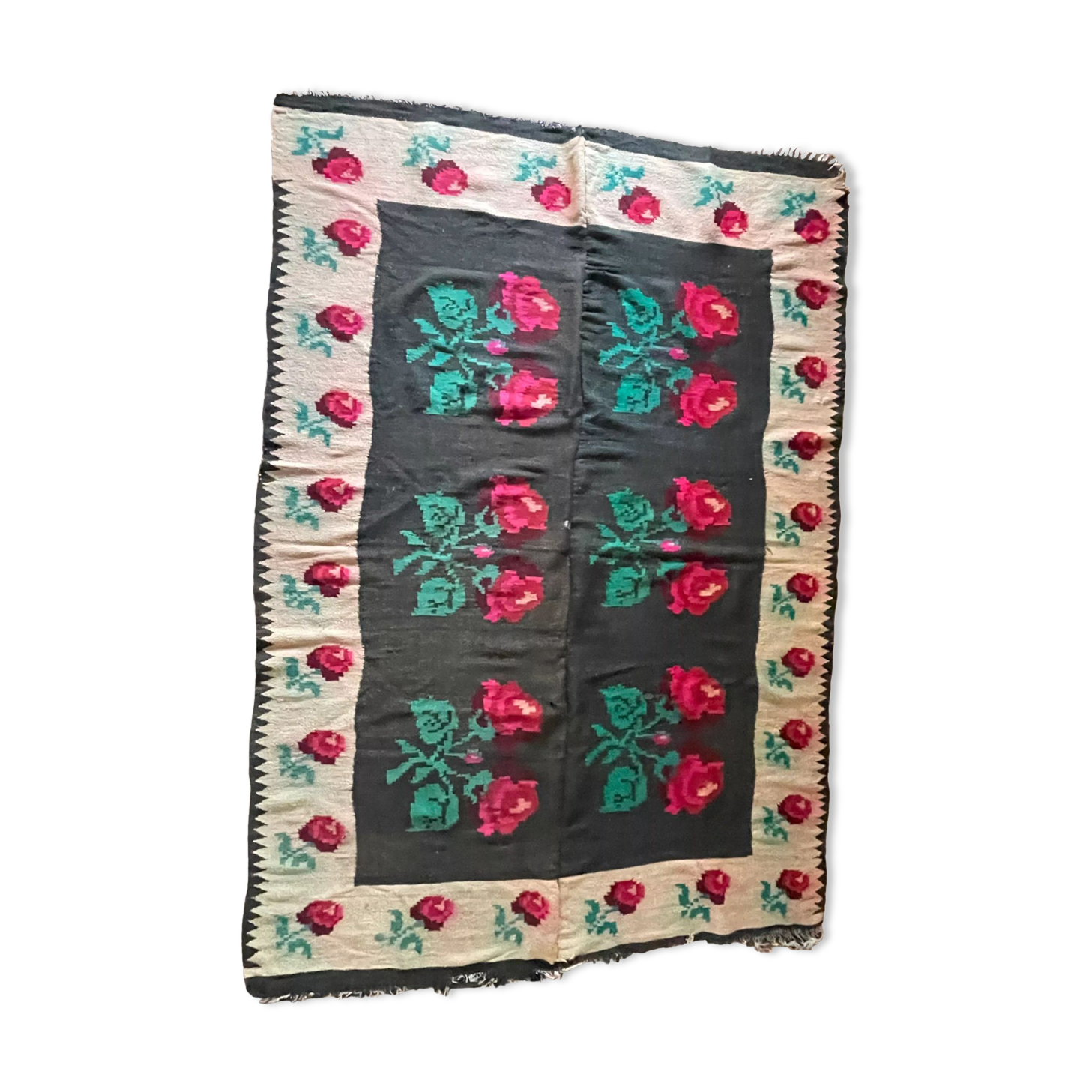 Very Old Romanian floral handwoven carpet made in wool, bohemian design