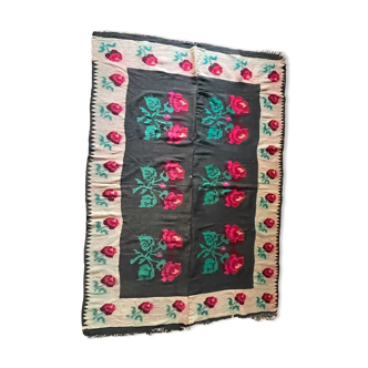 Very Old Romanian floral handwoven carpet made in wool, bohemian design
