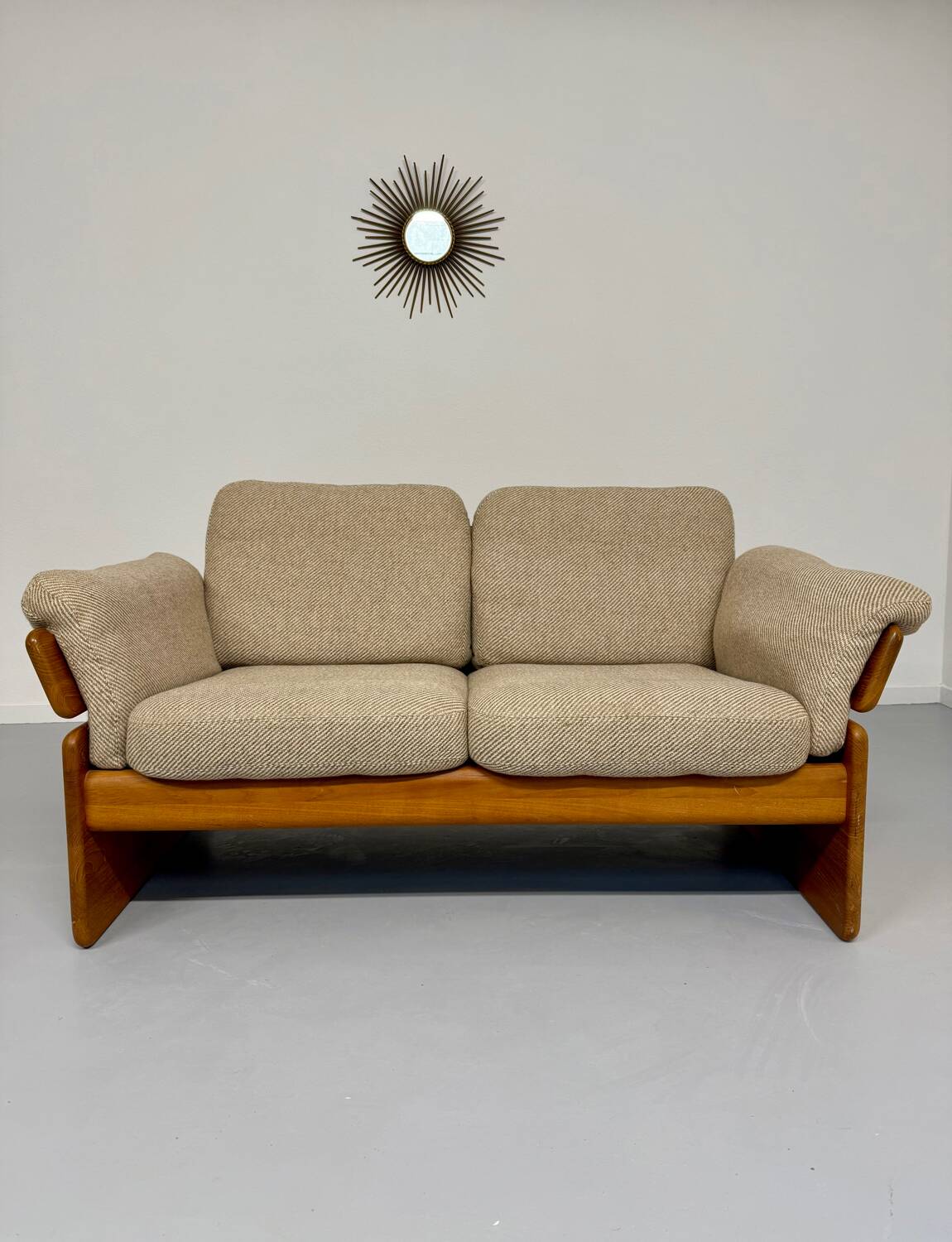 Old sofa in solid elm and vintage 80s design fabric Seltz France