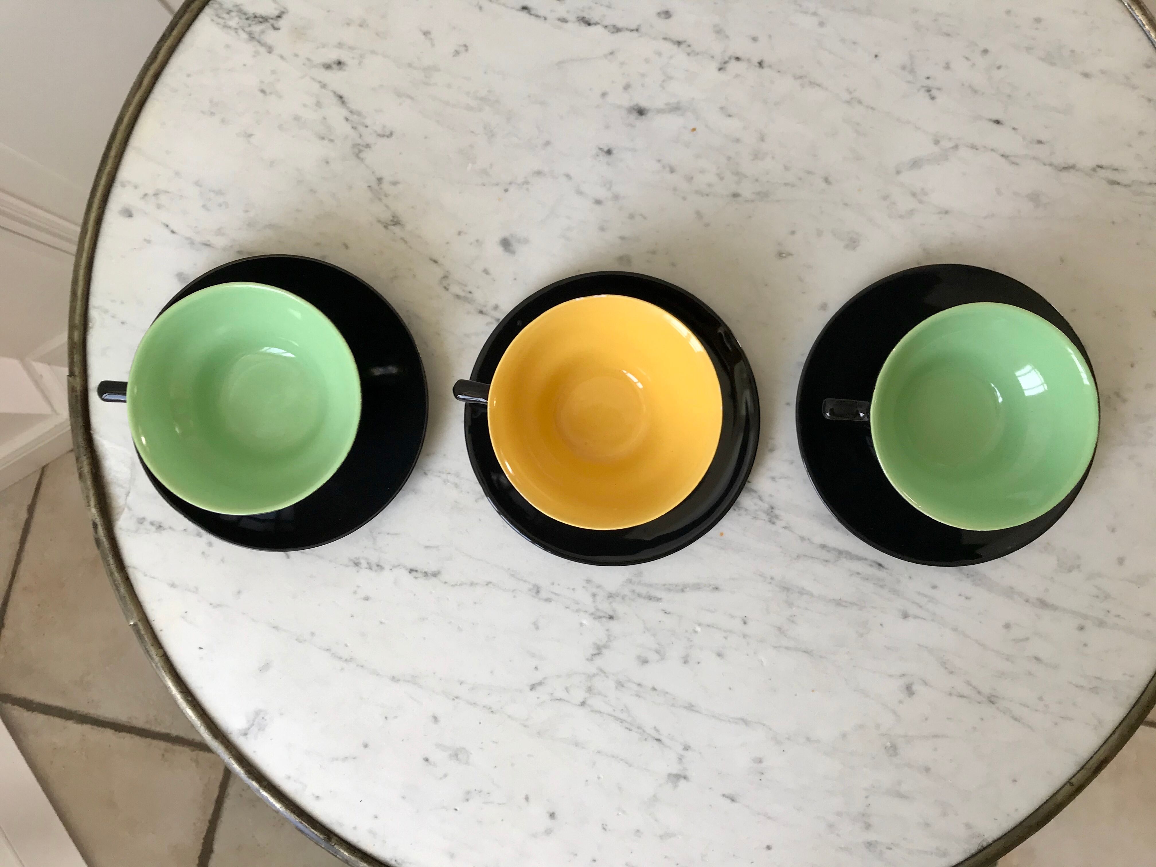 Set of 3 cups and saucers sage green and yellow 60s