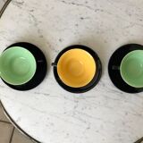 Set of 3 cups and saucers sage green and yellow 60s