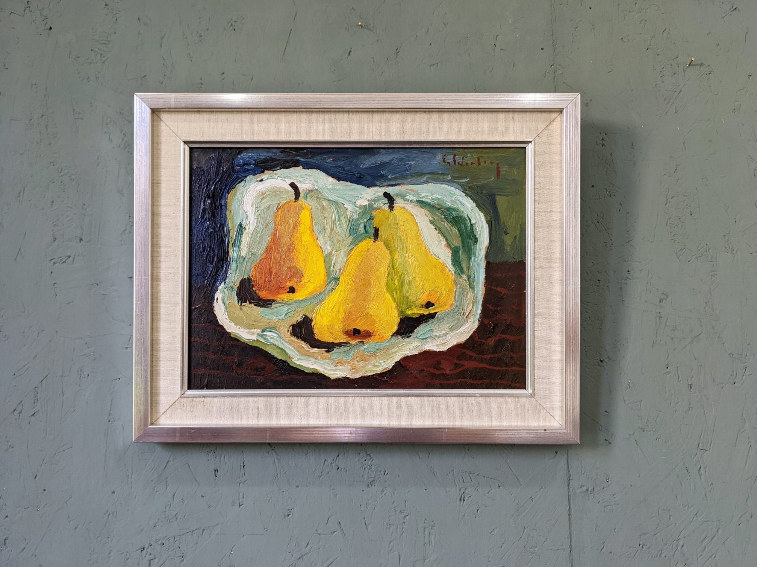 Mid-Century Modern Swedish "Luminous Pears" by Eric Cederberg, Framed Still Life Oil Painting