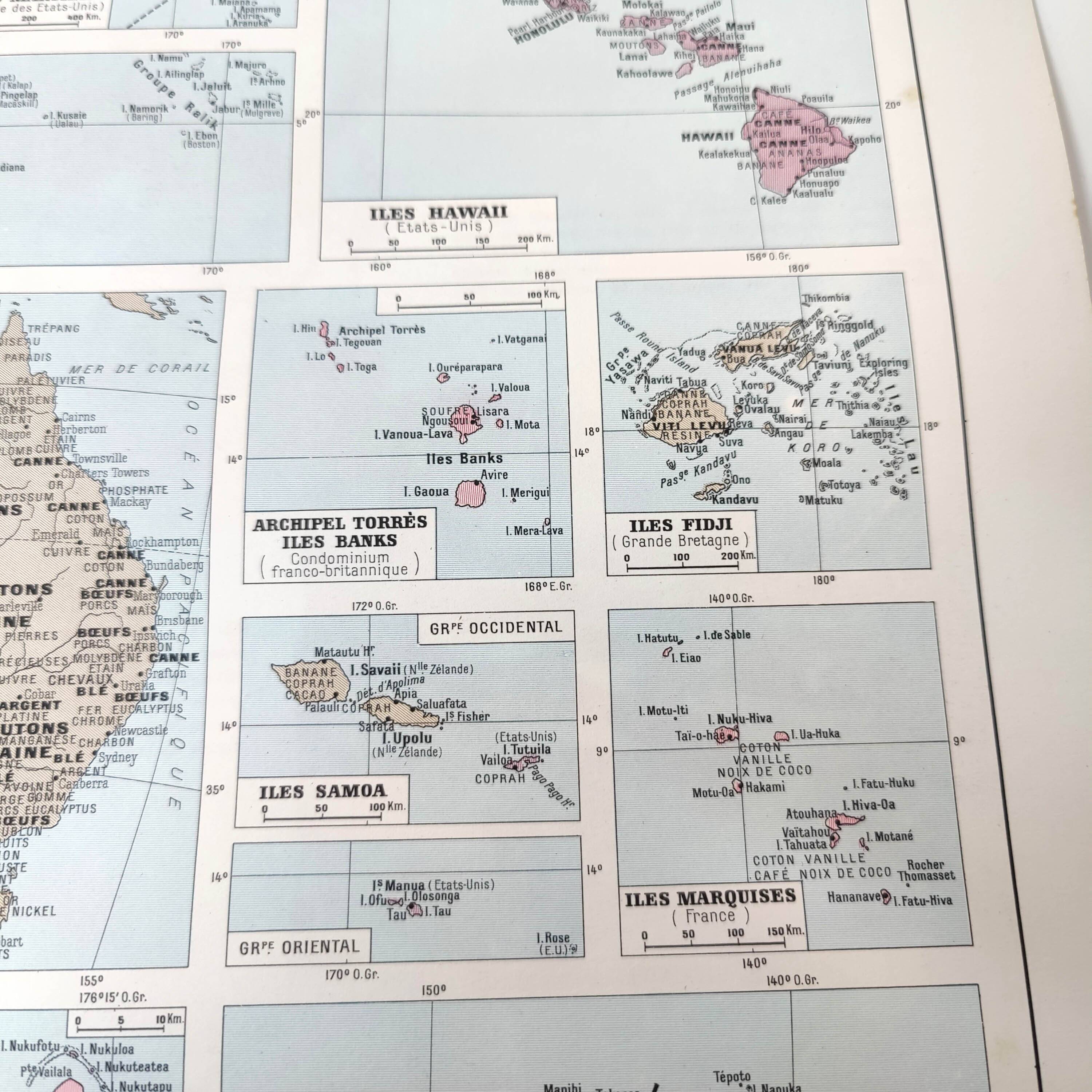 Vintage map on the islands of Oceania Australia Hawaii 43x43cm from 1950
