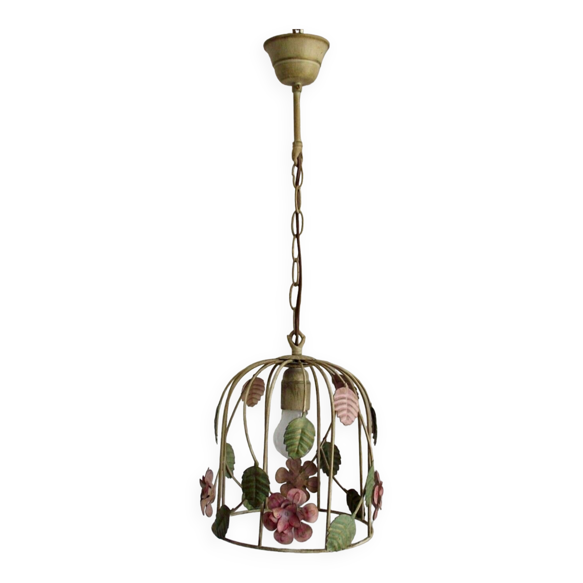 French vintage single bulb Toleware cage light with pink and green flowers
