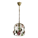 French vintage single bulb Toleware cage light with pink and green flowers