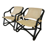 2 Vintage Espri Safari Lounge Armchairs / Rare Mid-century Black Bamboo and Beige Fabric Easy C