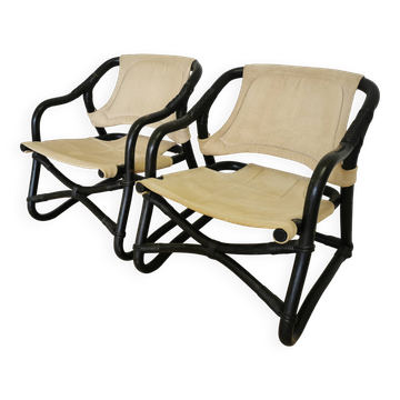 2 fauteuils de salon Espri Safari vintage / Rare fauteuils en bambou noir et tissu beige de milieu de siècle