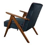 Chaise compas restaurée, tissu jaune canari, fil rose, teck, 1960