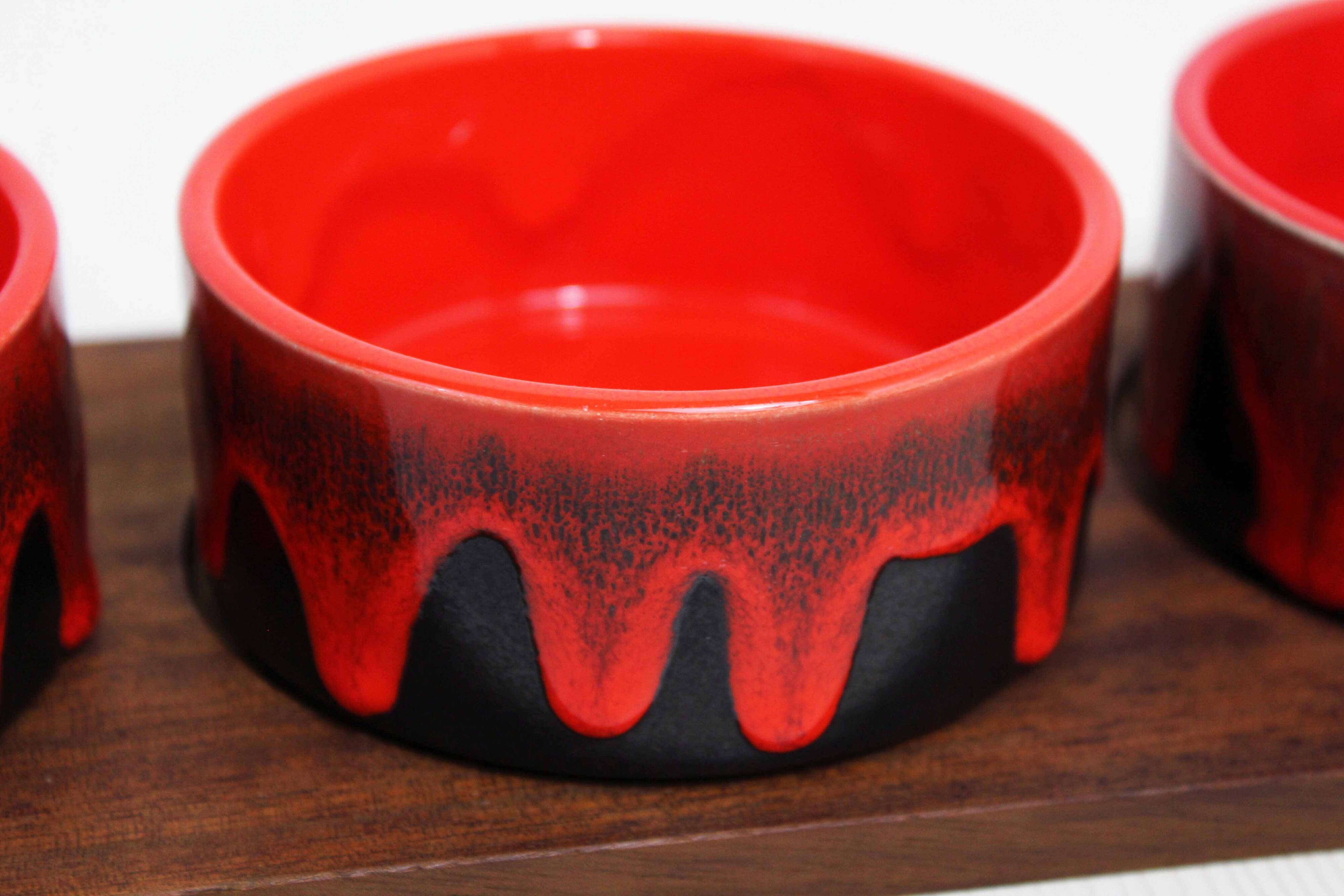 Scandinavian teak tray with 4 ceramic ramekins 1960