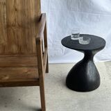 Solid wood (monoxyl) side table, organic shape, black color