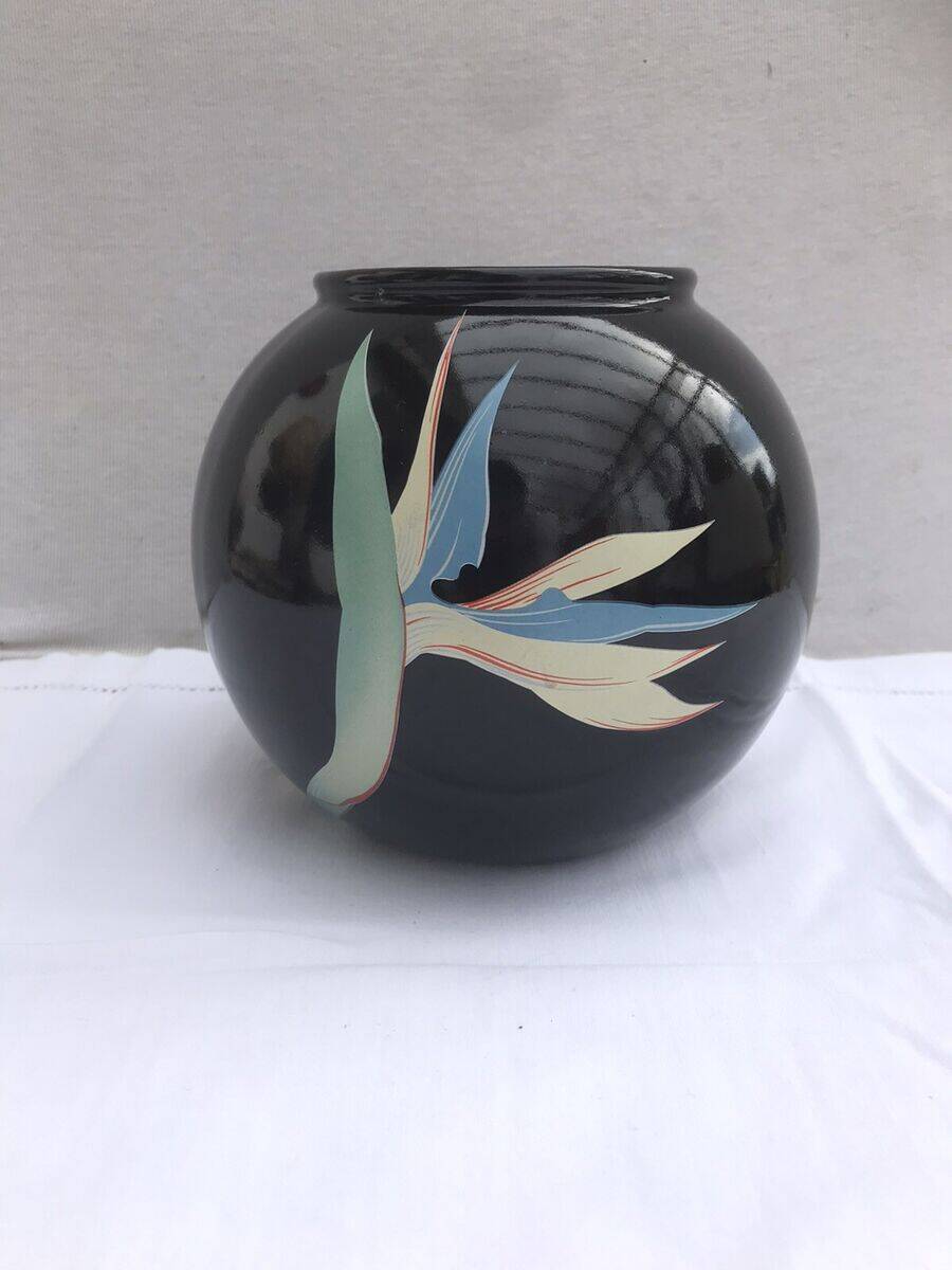 Black Ceramic Round Vase with Flower and Paradise Bird Design, 1970s Vintage