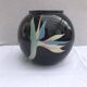 Black Ceramic Round Vase with Flower and Paradise Bird Design, 1970s Vintage