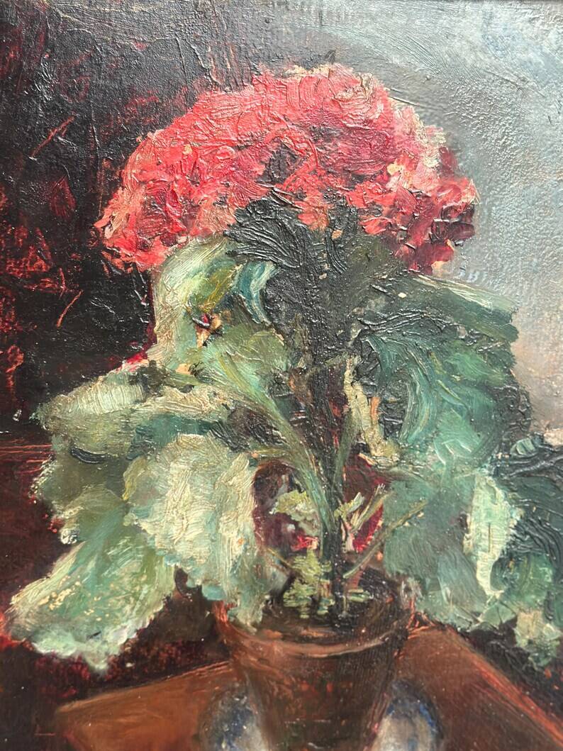 Original Swedish Oil on Panel - "Cineraria i Kruka" by Elna Jacobsson - Signed - Vintage and Framed - 48 × 43.5 cm (18.9" × 17.1")
