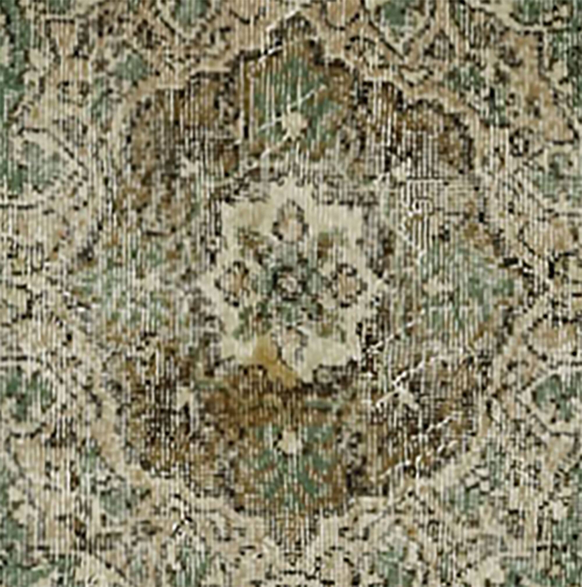 Vintage Oushak rug with green and beige medallion, 345 x 205 cm.