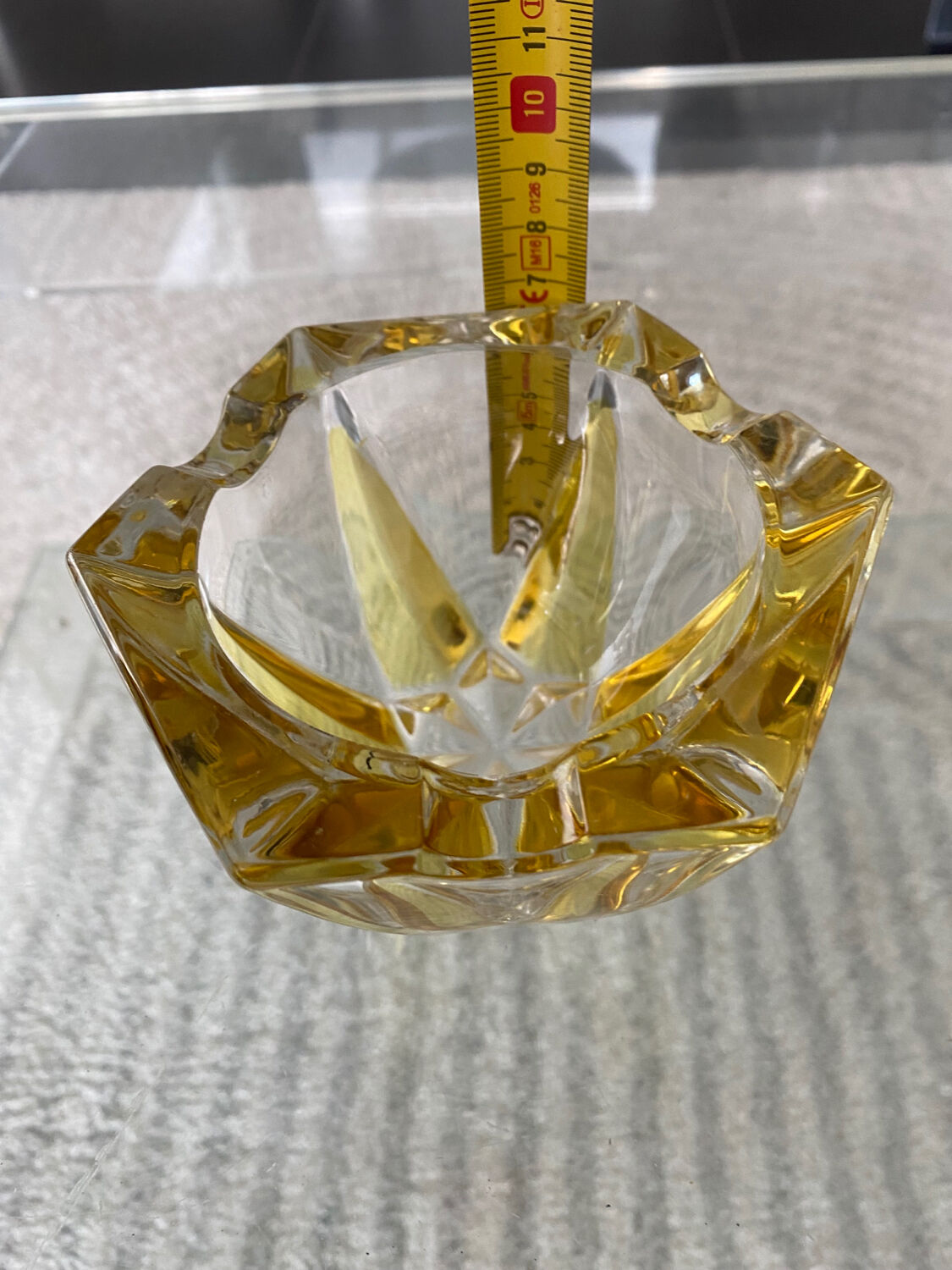 Vintage empty pocket ashtray in yellow chiseled glass or crystal