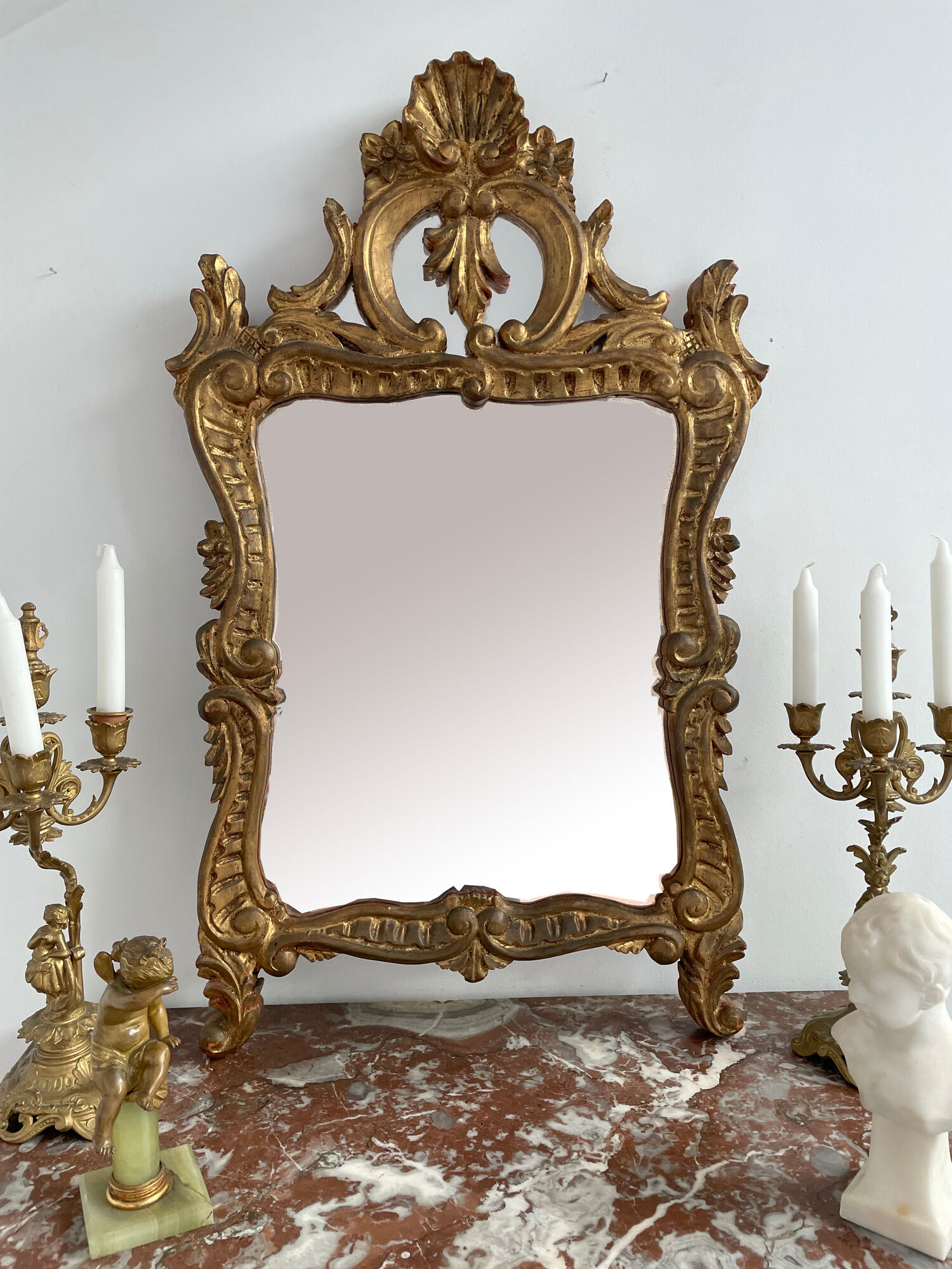 Antique mirror in stuccoed and gilded wood - rocaille style - France 50x86cm