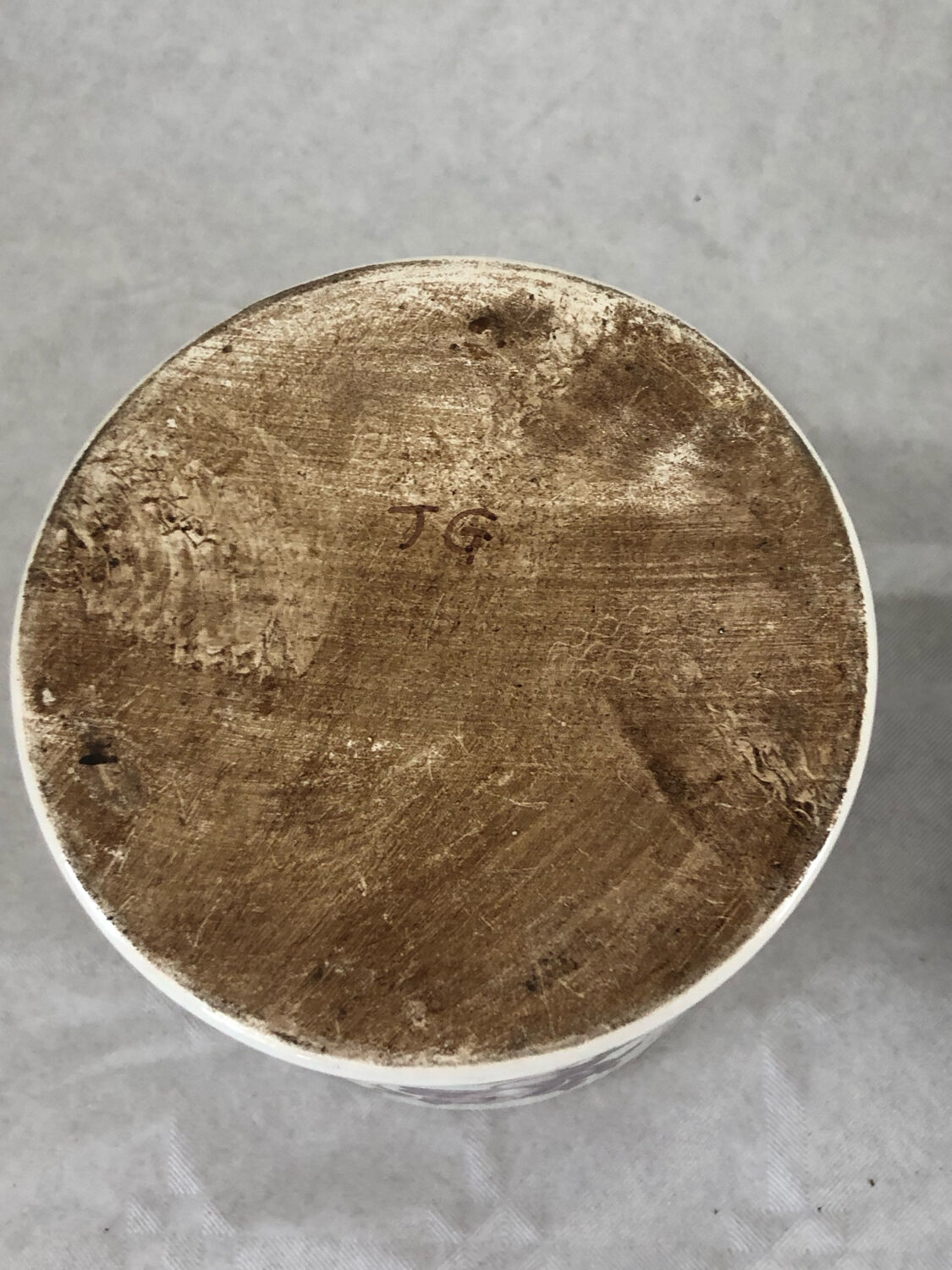 Ceramic salt jar pewter lid stamped J G