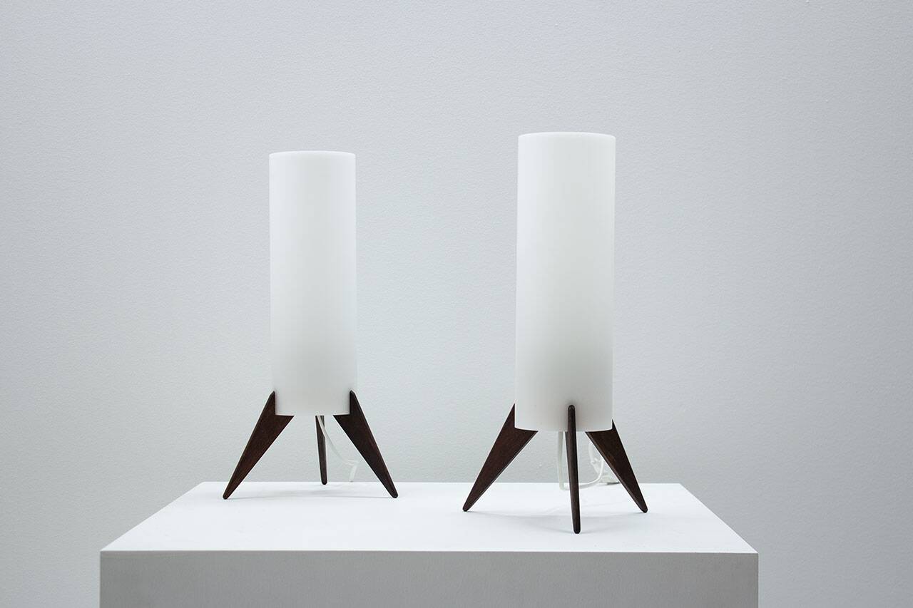 Pair of dark wood & acrylic rocket table lamps by Luxus, Sweden, 1960s
